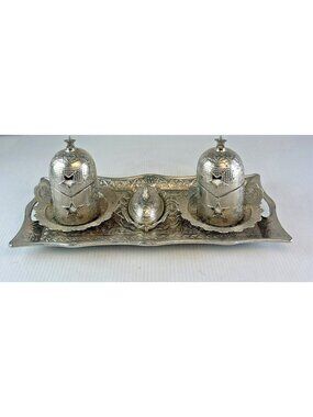 Platin Turkey Silver Plated Tea Tray Set w/ Covered Cups & Lidded Sugar Dish